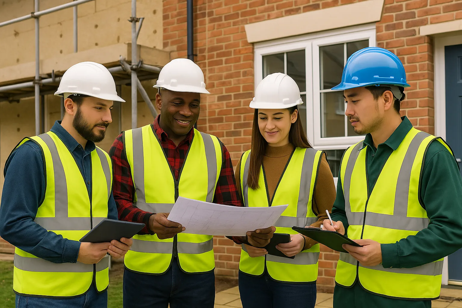 Retrofit assessor reviewing energy efficiency plans for a funded ECO4 housing project, with insulation and solar panels visible in the background