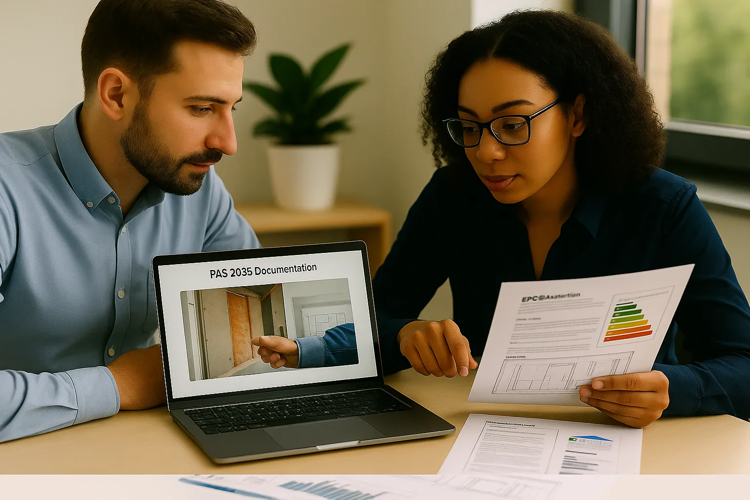 Quality assurance team reviewing retrofit documentation and evidence