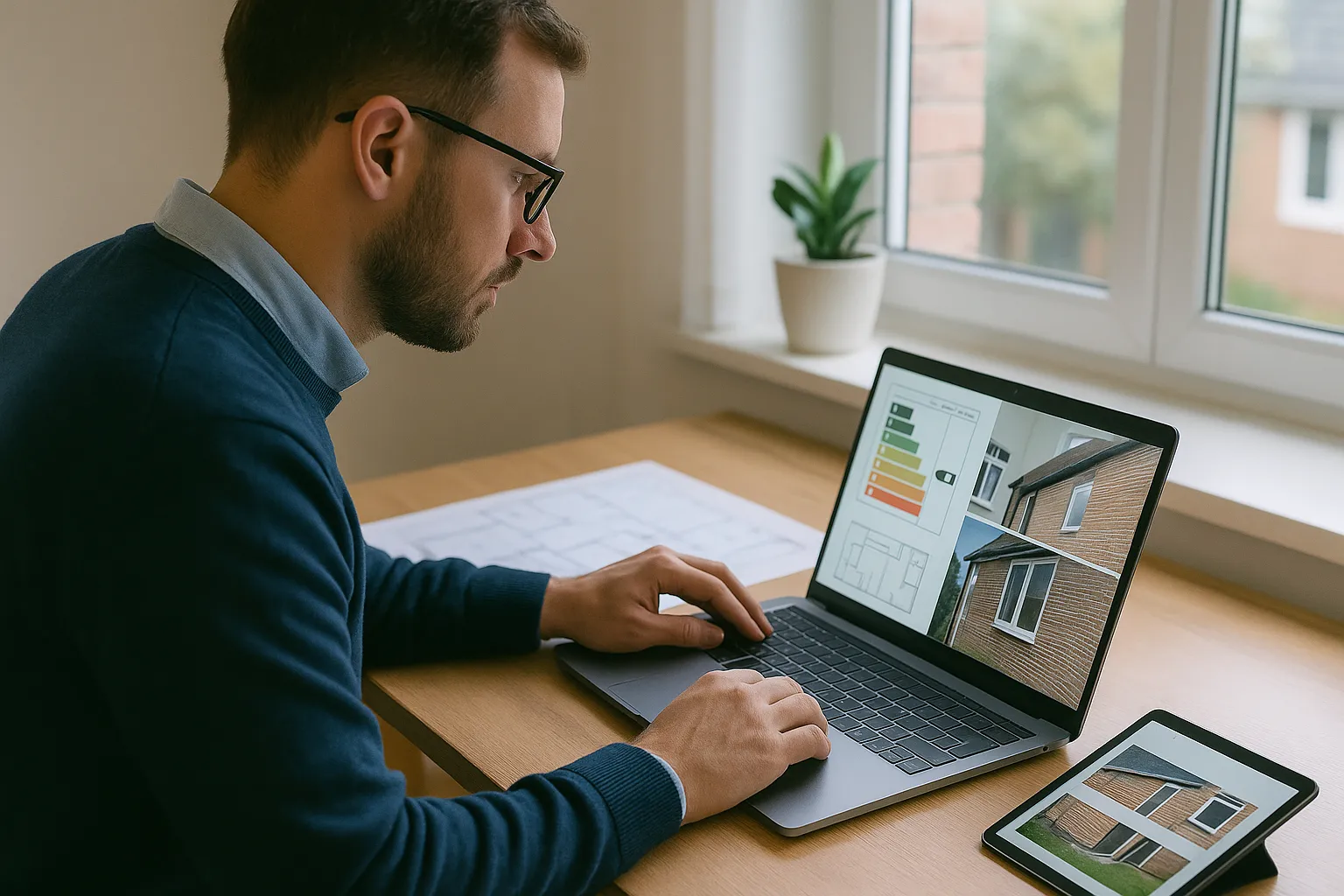 Domestic Energy Assessor verifying EPC data and photo evidence for PAS 2035 compliance