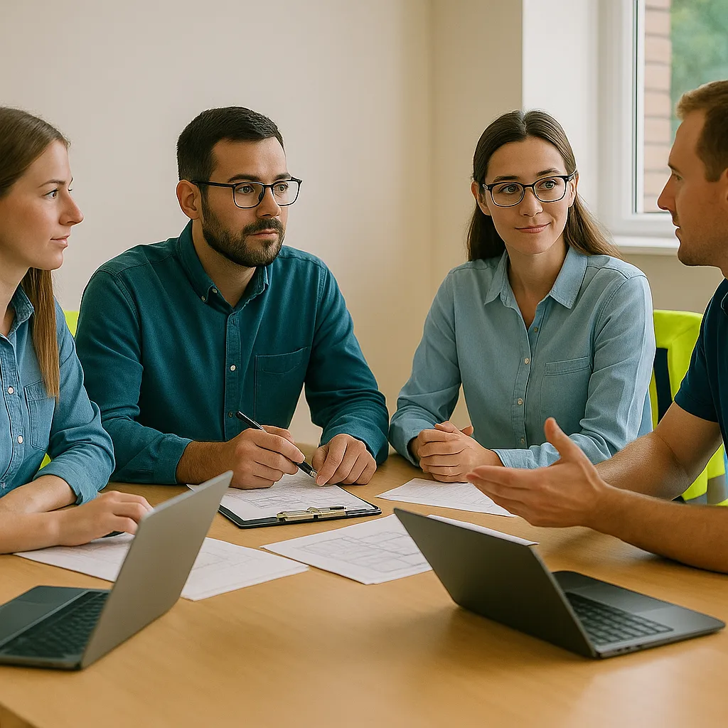 Domestic Energy Assessors collaborating during a team meeting to review survey progress