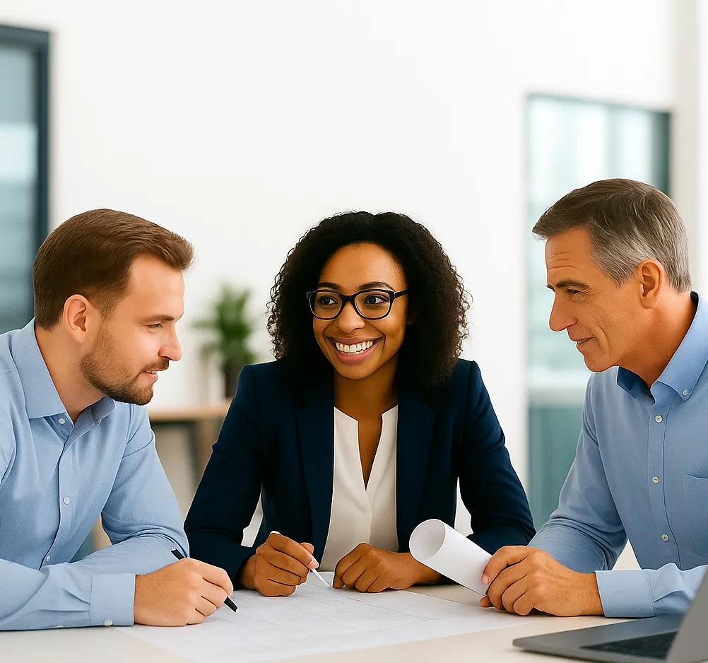 Retrofit design team collaborating on low-carbon housing upgrade project
