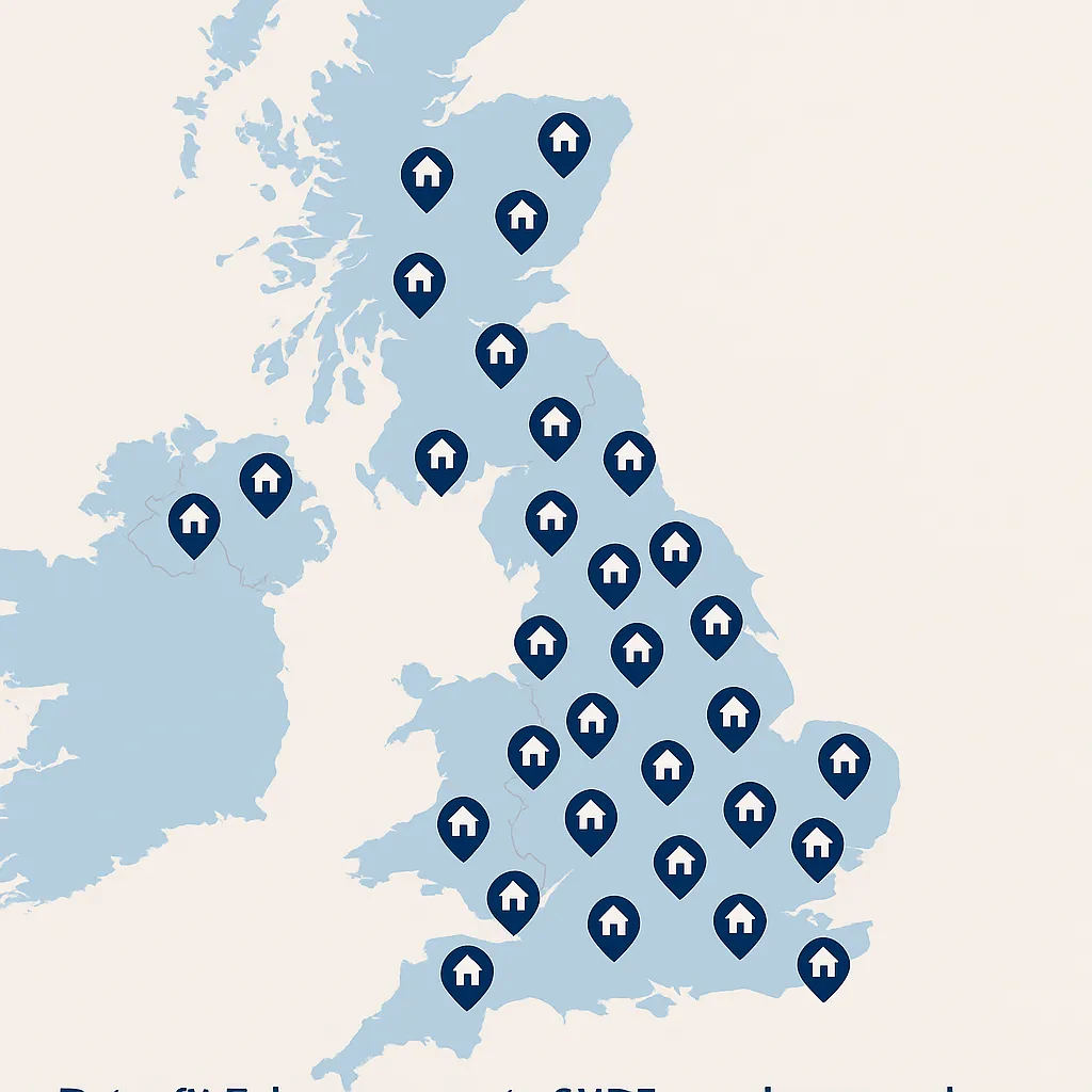 UK map showing Leicester highlighted for retrofit recruitment coverage